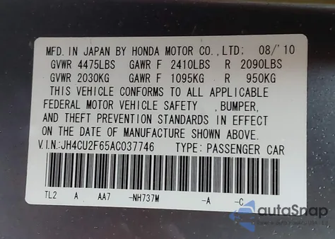 2010 Acura Tsx 2.4 z USA, uszkodzony, nr VIN JH4CU2F65AC037746